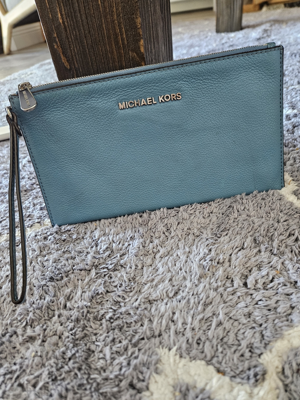 Michael Kors Teal Blue Leather Wristlet Clutch with Logo
